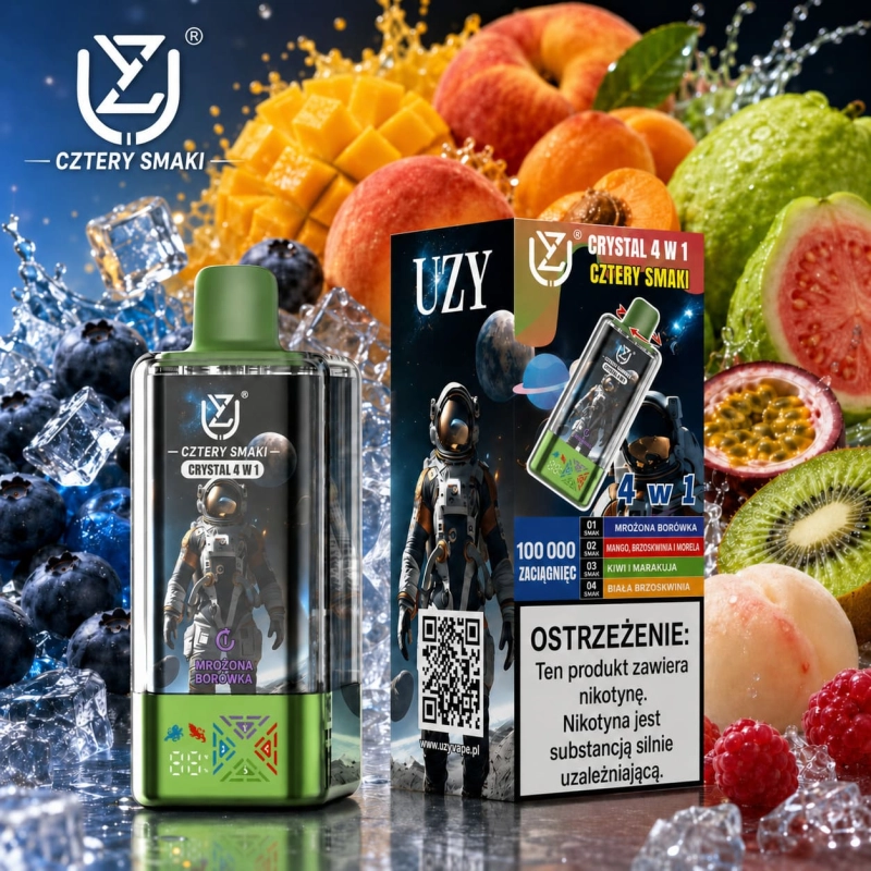 UZY Crystal 100K 4w1 – melon z lodem, Blue Razz z wiśnią, melon z kwaśną brzoskwinią oraz marakuja z kiwi