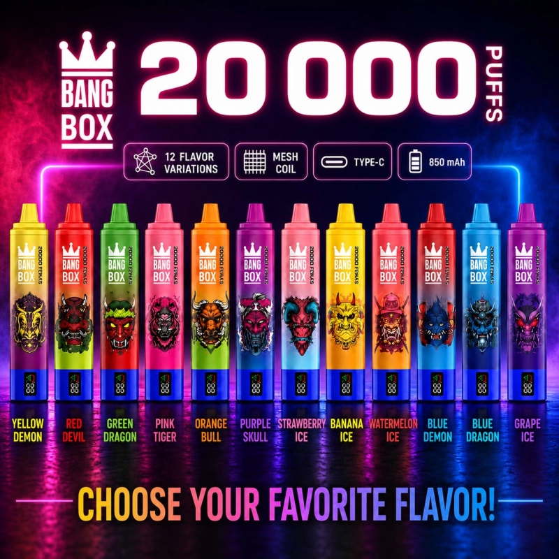 Bang Box 20000 Puffs rechargeable vape collection with 12 fruit and ice flavor options, Mesh Coil and USB-C charging