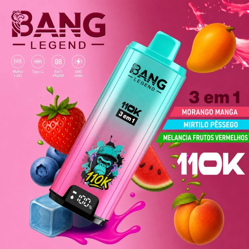 Bang Legend 110K 110000 Puffs Vape Descartável, Morango Manga e Mirtilo