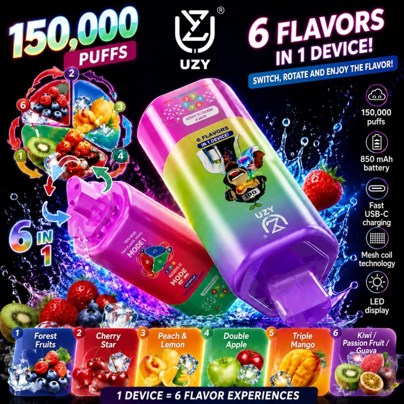 UZY 150K Puffs 6-in-1 rechargeable vape device with LED display and multiple fruit flavors