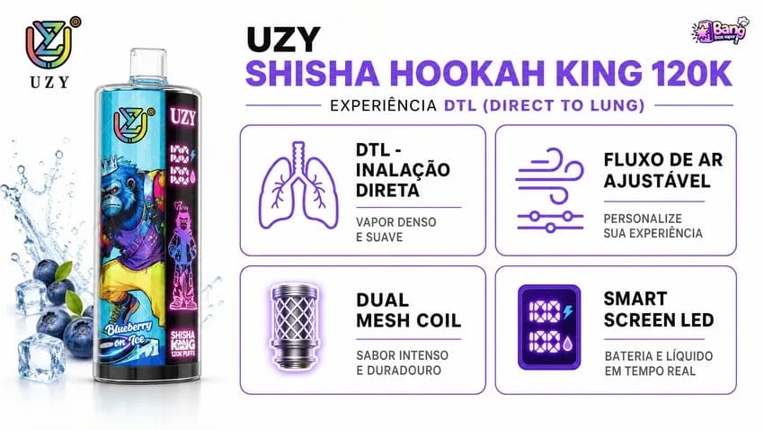 UZY Shisha King 120K DTL com fluxo de ar ajustável, Dual Mesh Coil, ecrã LED inteligente e vapor denso