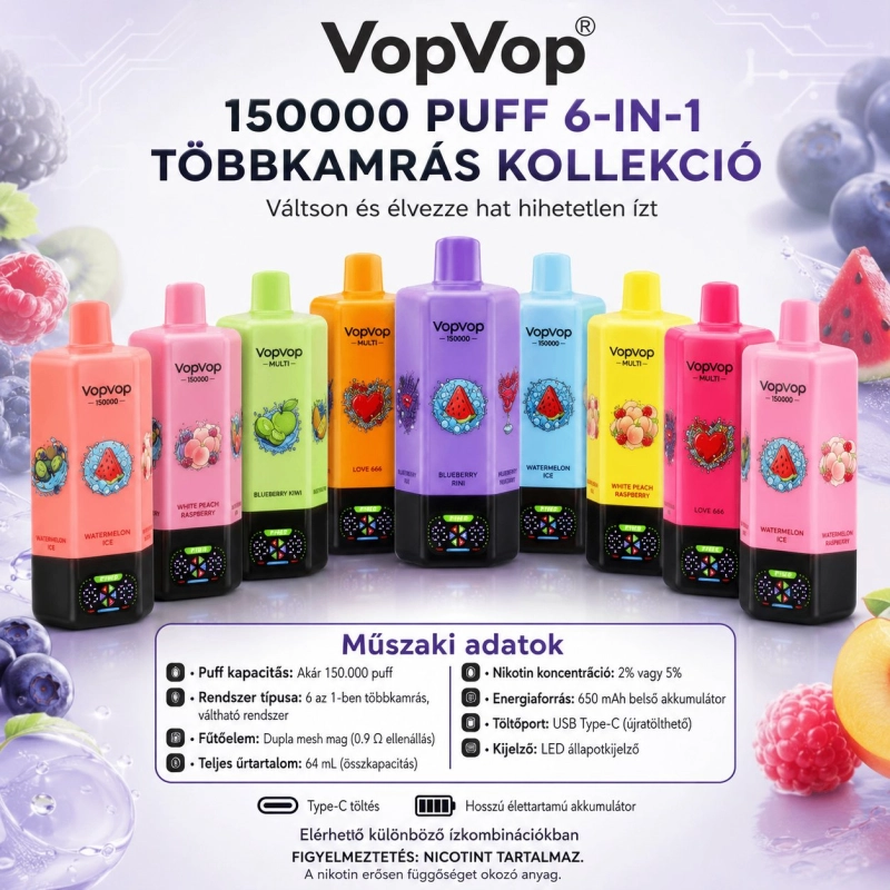 VopVop 6 az 1-ben Többkamrás 150000 slukkos Eldobható Vape, Vegyes Gyümölcsös Ízek