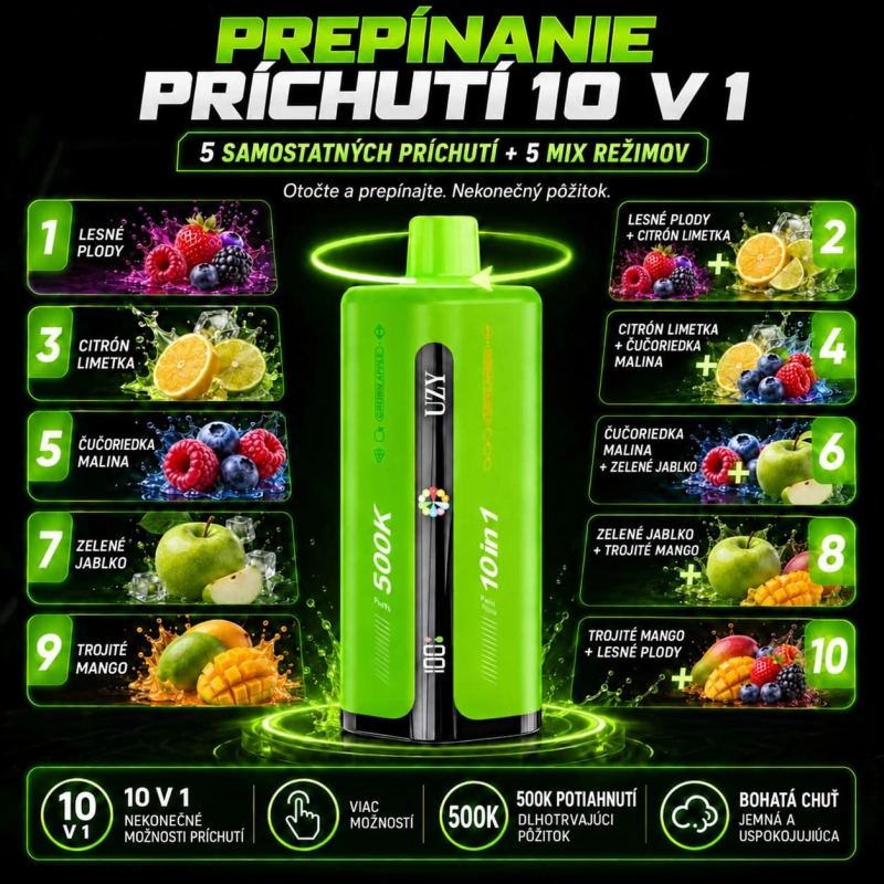 UZY 500K Penta Flavor 10 v 1 – Mix Lesných Plodov, Citrón a Limetka, Čučoriedka a Malina, Zelené Jablko, Trojité Mango