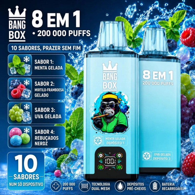 Vape recarregável Bang Box sabor hortelã gelada com mirtilo e framboesa