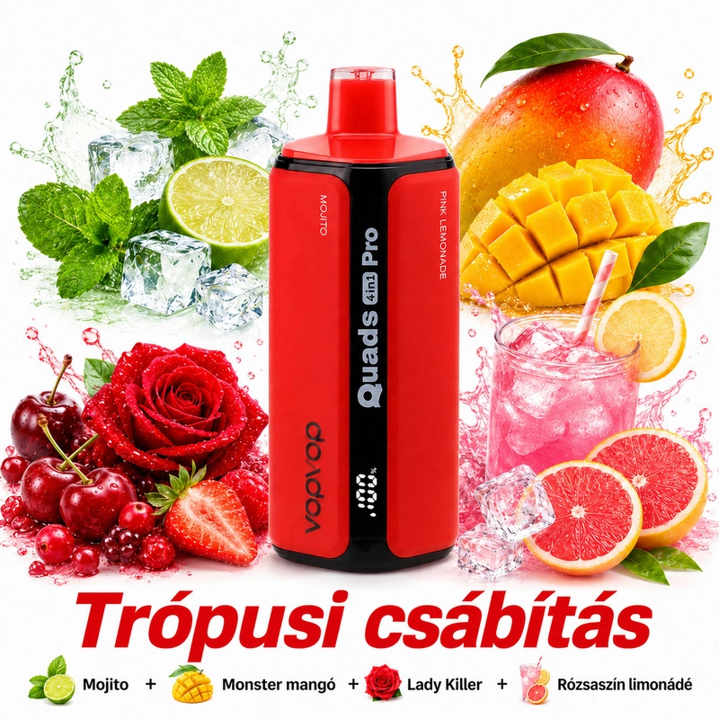 Tropikus csábítás íz – Mojito, Monster Mango, Lady Killer és rózsaszín limonádé kombináció VopVop Quads Pro 200K eldobható vape