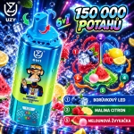 Modrá jednorázová vape UZY 150 000 potahů 6v1 s příchutěmi Blueberry Ice, Borůvkový LED, Malina Citron a Melounová Žvýkačka