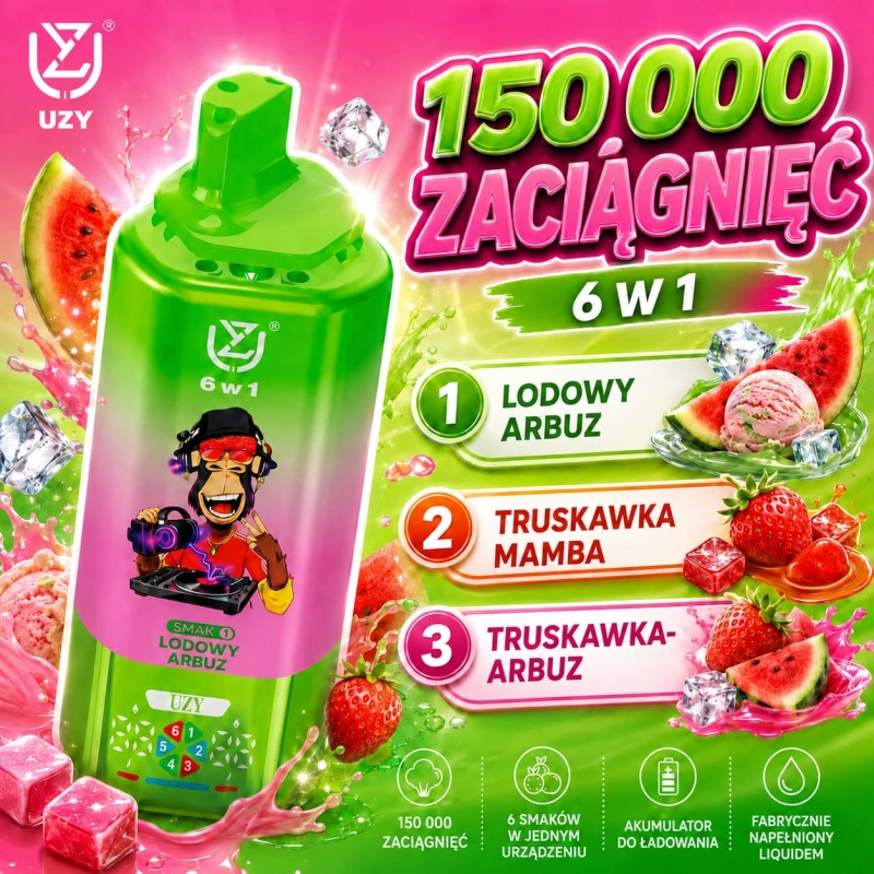 UZY 150K 6w1 jednorazowy e-papieros vape – lód arbuzowy, truskawkowa mamba i truskawka z arbuzem