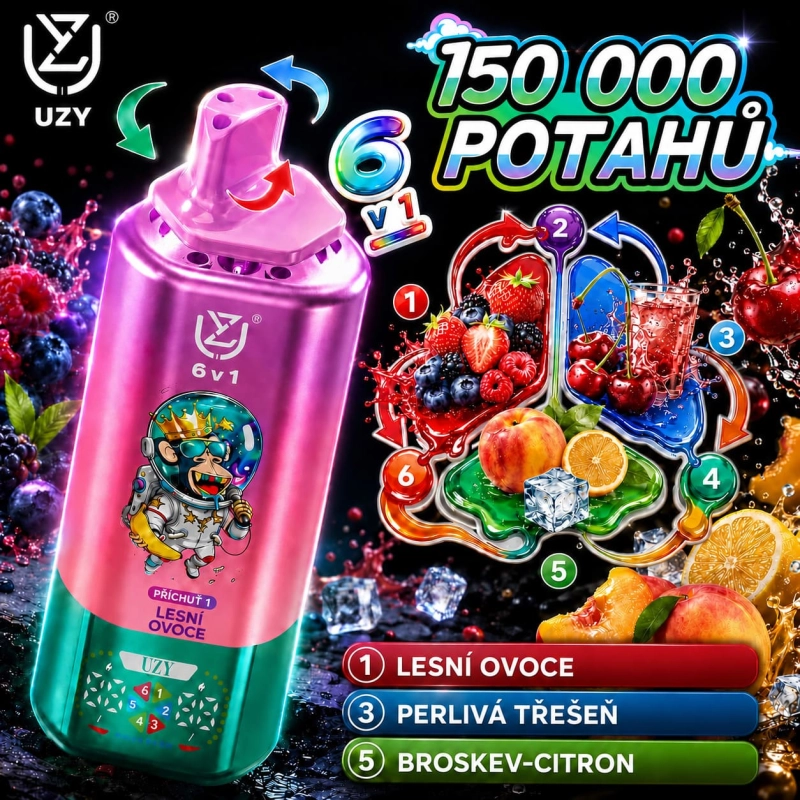 UZY 150K 6v1 jednorázová e-cigareta – Lesní plody, Šumivá třešeň, Broskev s citronem