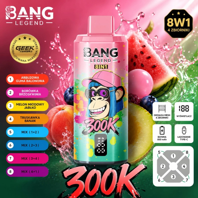 Bang Legend 8in1 300000 buchnięć jednorazowy e-papieros, różowy wielosmakowy