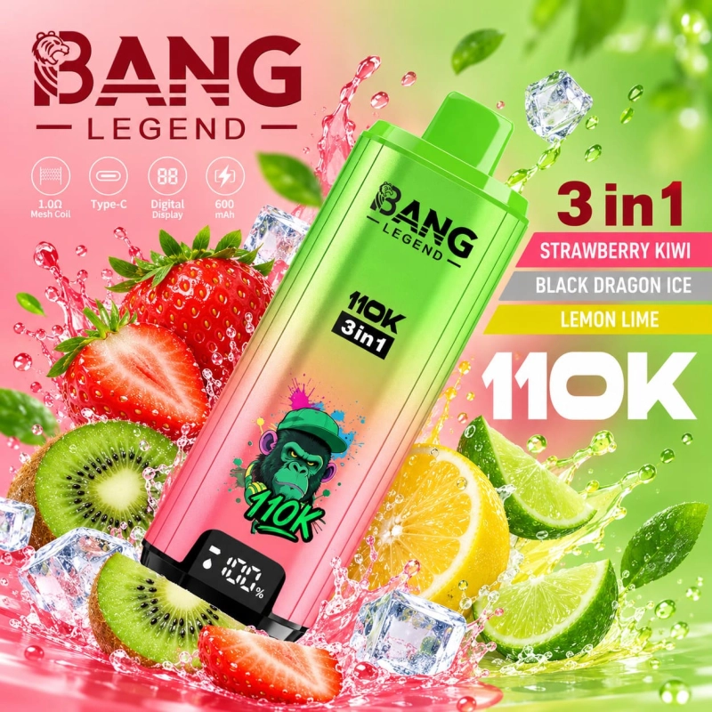 Vape 110K com kiwi e morango, gelo de dragão negro e limão