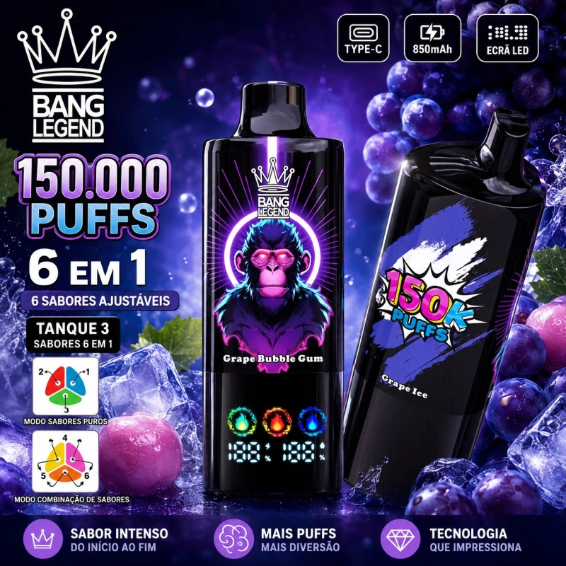Bang Legend 150000 150.000 Puffs Vape Descartável, Sabor Uva