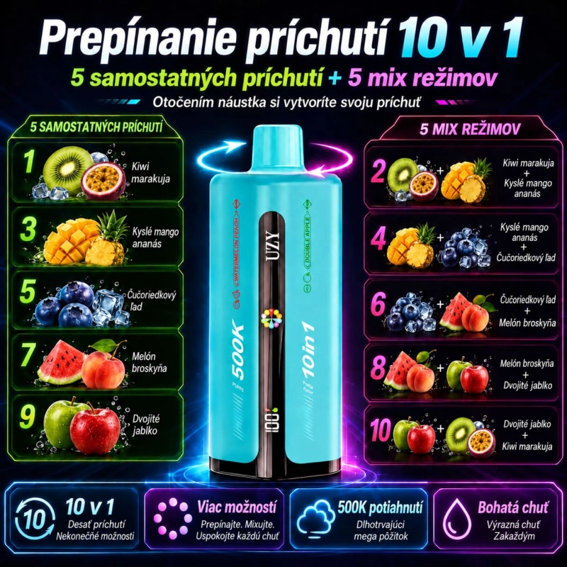 UZY 500K Penta Flavor 10 v 1 – Kiwi a Marakuja, Kyslé Mango a Ananás, Ľadová Čučoriedka, Melón a Broskyňa, Dvojité Jablko