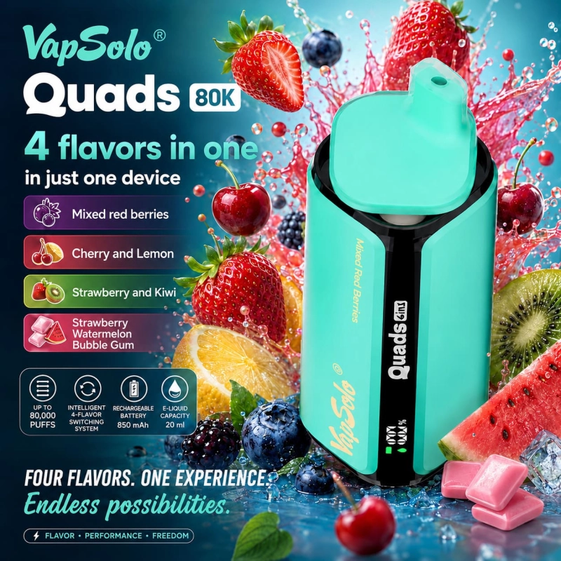 VapSolo Quads 80K 4 in 1 vape Mixed Red Berries Cherry Lemon Strawberry Kiwi Strawberry Watermelon Bubble Gum flavors