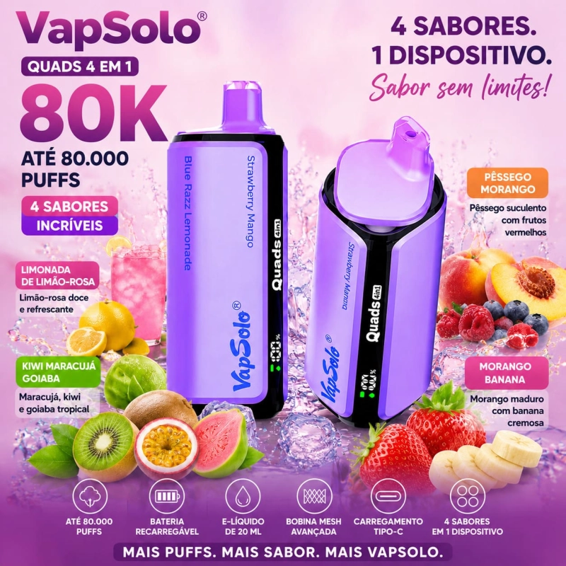 Vapsolo Quads 80K smaki – truskawka arbuz, cola wiśniowa, mrożona brzoskwinia i grejpfrut