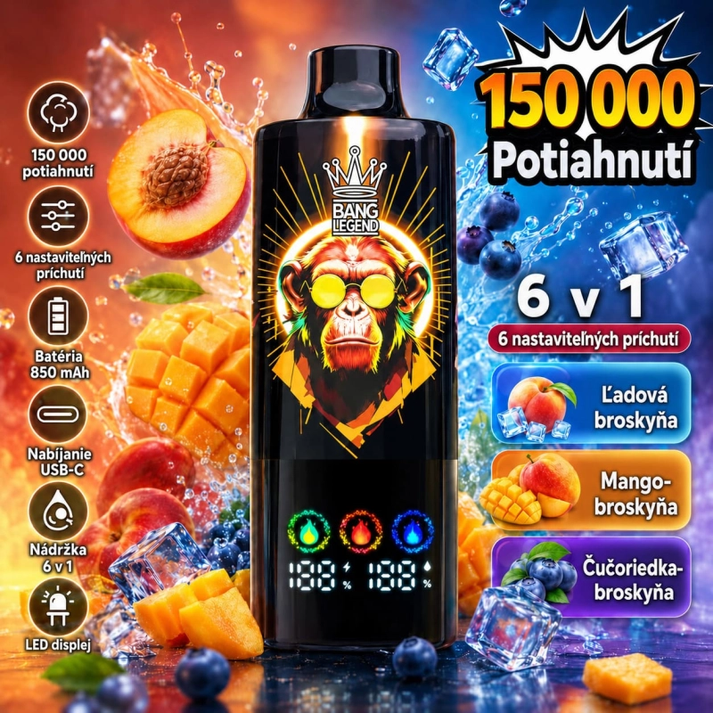 Bang Legend 150K 6v1 – príchute ľadová broskyňa, mango-broskyňa a čučoriedka-broskyňa