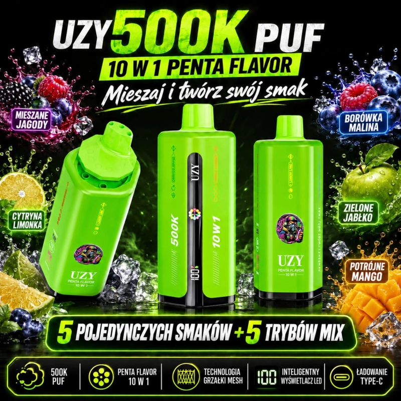 UZY 500K – mieszanka owoców leśnych, cytryna i limonka, borówka i malina, zielone jabłko oraz potrójne mango