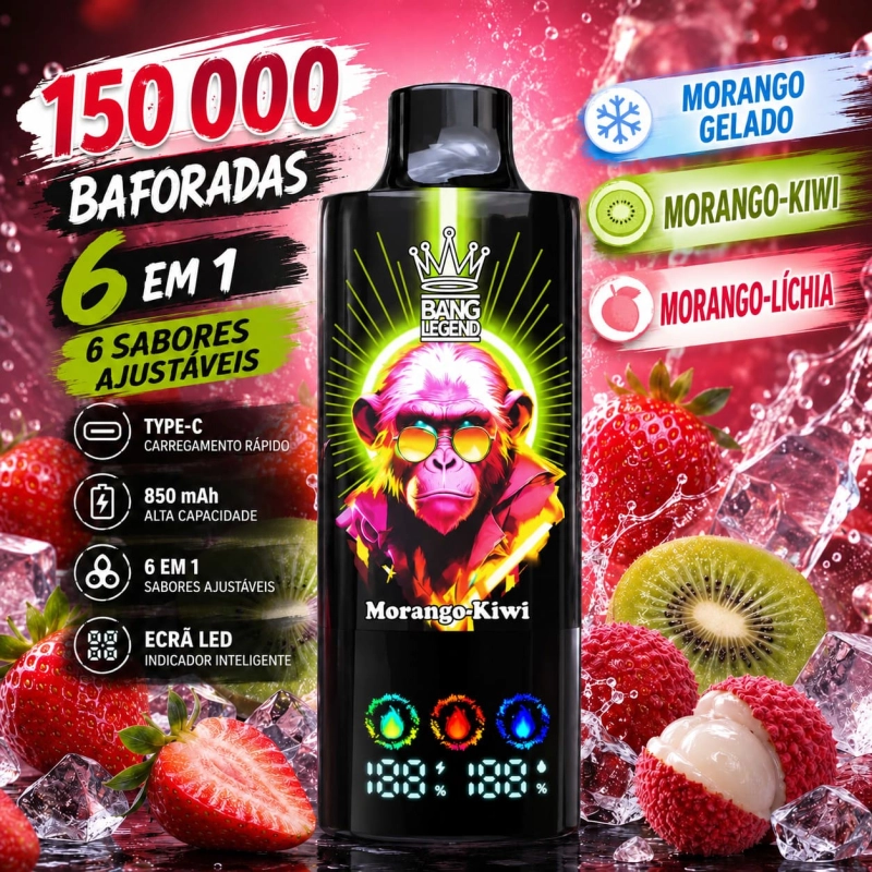 Vape 150K Mistura Fresca de Morango com morango gelado, morango e kiwi e morango e lichia, sabor doce e refrescante
