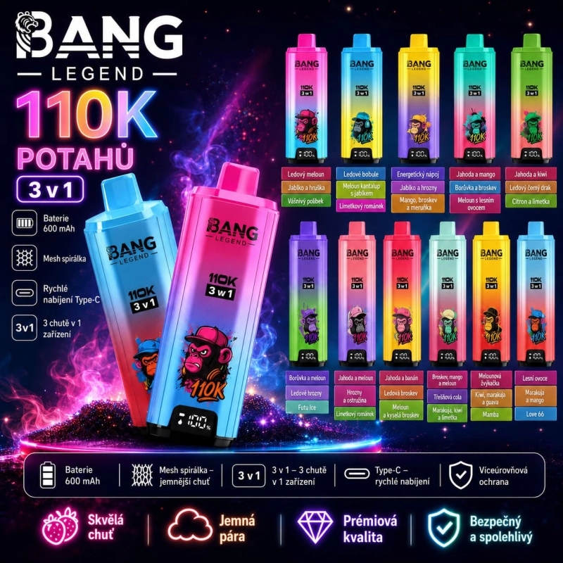 Bang Legend 110K 3 v 1 jednorázová e-cigareta – 110 000 potahů, 12 sad příchutí, USB-C a digitální displej