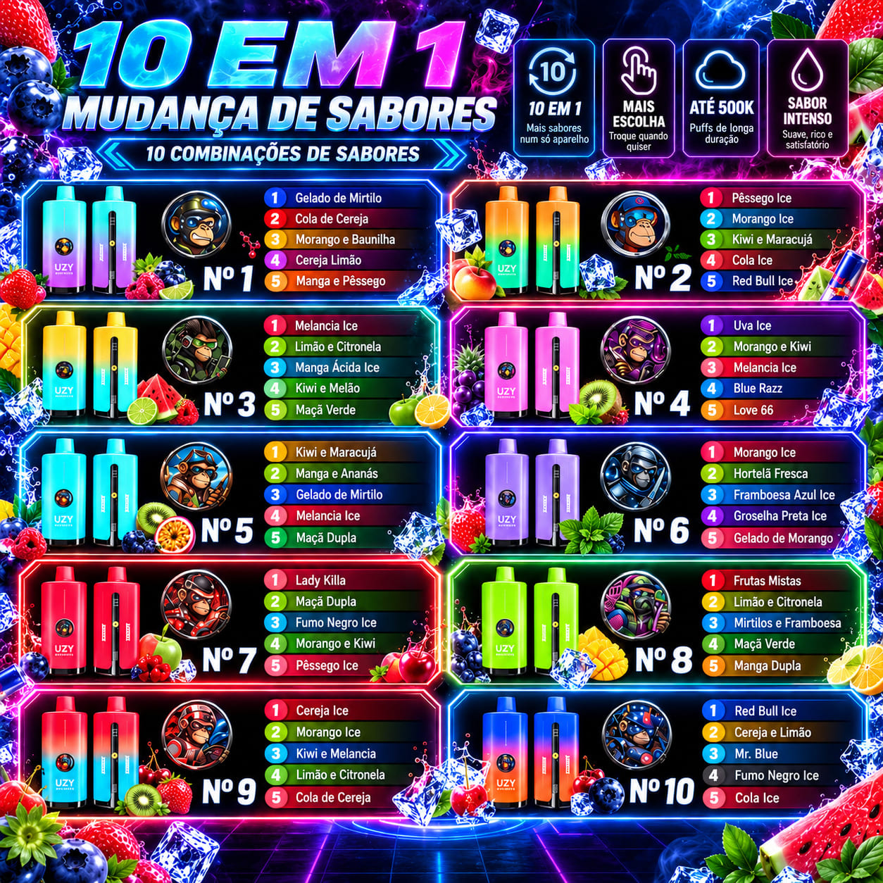 UZY 500K Penta Flavor 10 em 1, coleção de 10 variantes de cigarros eletrónicos com diferentes cores, cinco sabores individuais e cinco modos de mistura.