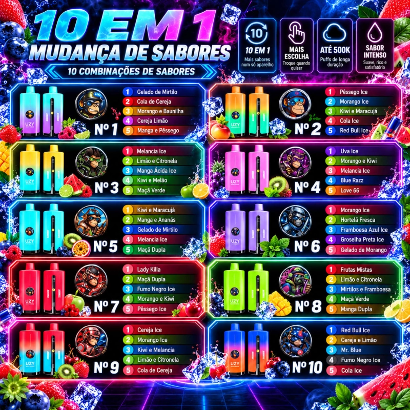 UZY 500K Penta Flavor 10 em 1, coleção de dez variantes em diferentes cores, cada uma com cinco sabores individuais e cinco modos de mistura.