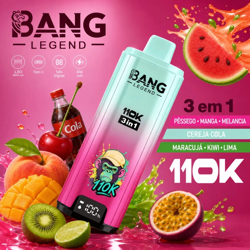 Bang Legend 110000 Puxadas Vape Descartável, Sabores Frutados 3 em 1