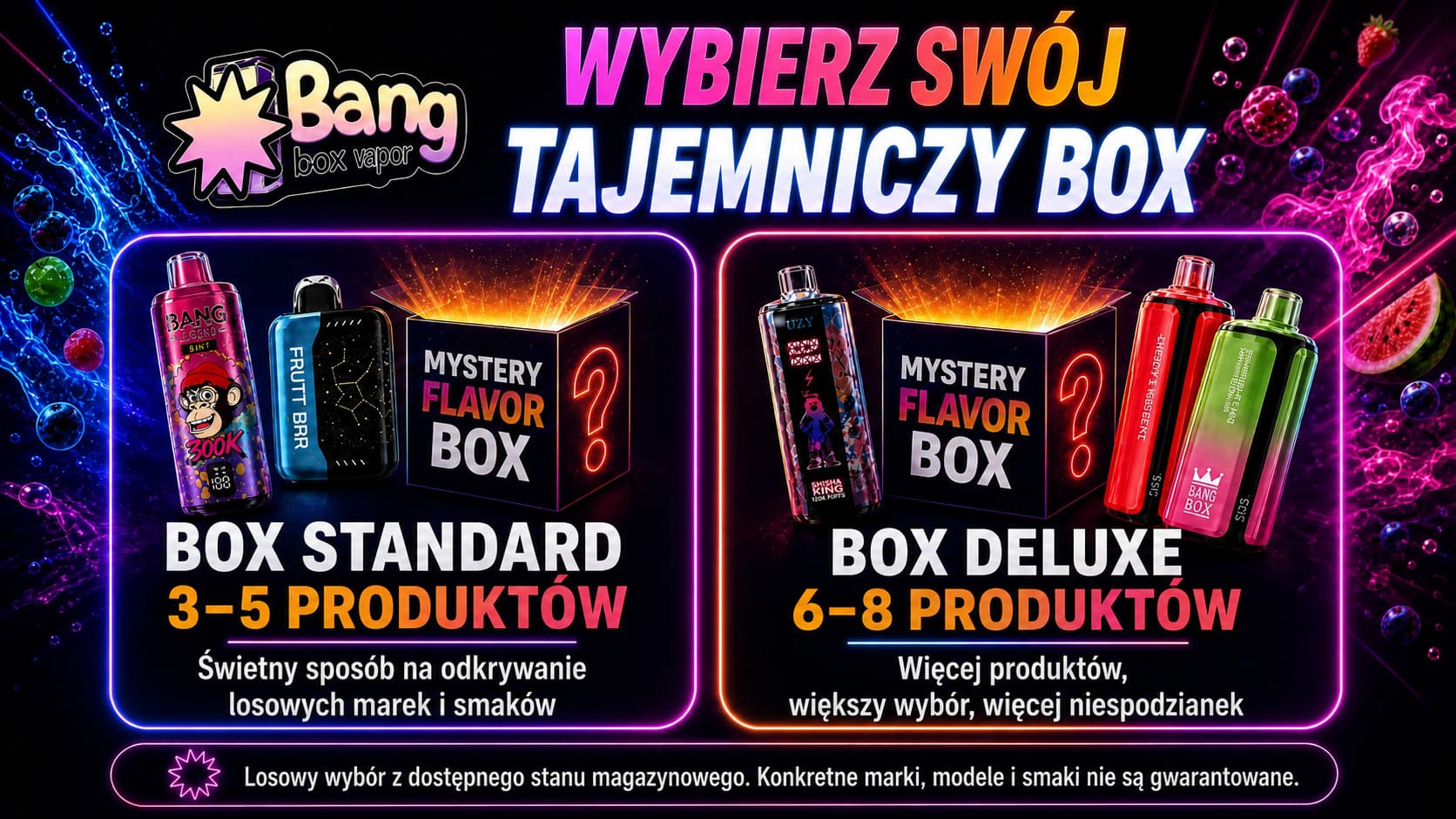 Porównanie Mystery Box Standard 3–5 produktów i Deluxe 6–8 produktów Bangbox-Vapor