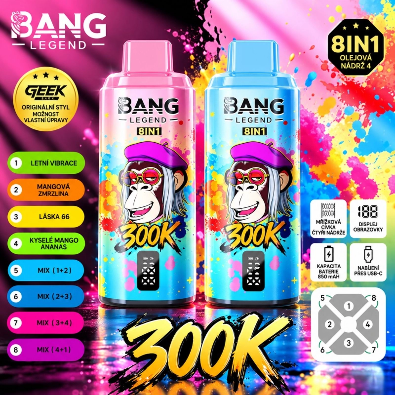Žlutá BANG LEGEND 300K 8v1 s příchutěmi Vodní Meloun Jahoda, Mango Broskev Meruňka a Jahoda Kiwi
