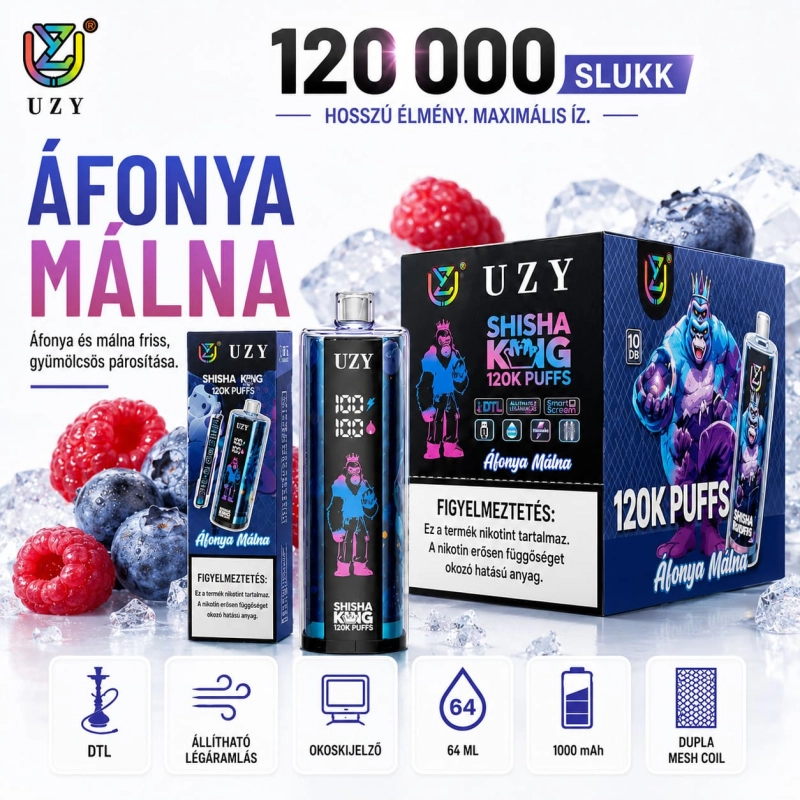 Áfonya-málna – UZY Shisha Hookah King 120K vape bogyós gyümölcs mix áfonya és málna íz
