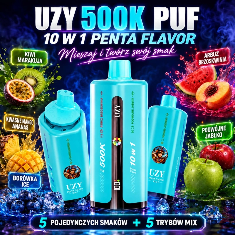UZY 500K – kiwi i marakuja, kwaśne mango i ananas, borówka z lodem, arbuz i brzoskwinia oraz podwójne jabłko
