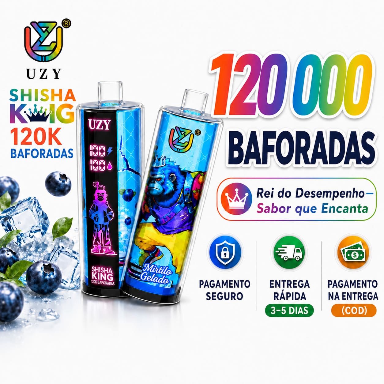 UZY Shisha King 120K DTL com até 120 000 baforadas, sabor Mirtilo Gelado e pagamento na entrega
