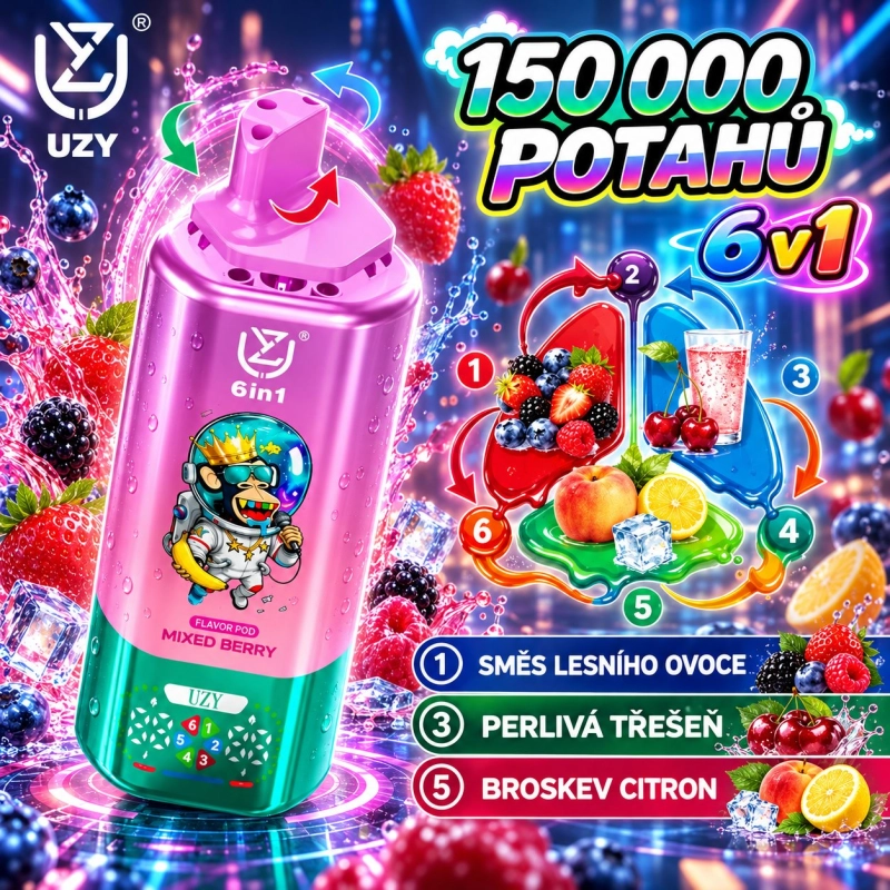UZY 150 000 potahů 6v1 s režimem kombinace příchutí a režimem čisté příchutě, LED displej a USB-C