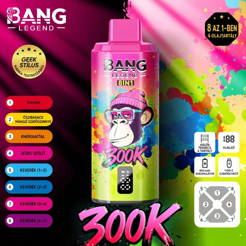 Bang Legend 8IN1 300000 slukkos eldobható vape, vegyes gyümölcsös ízek