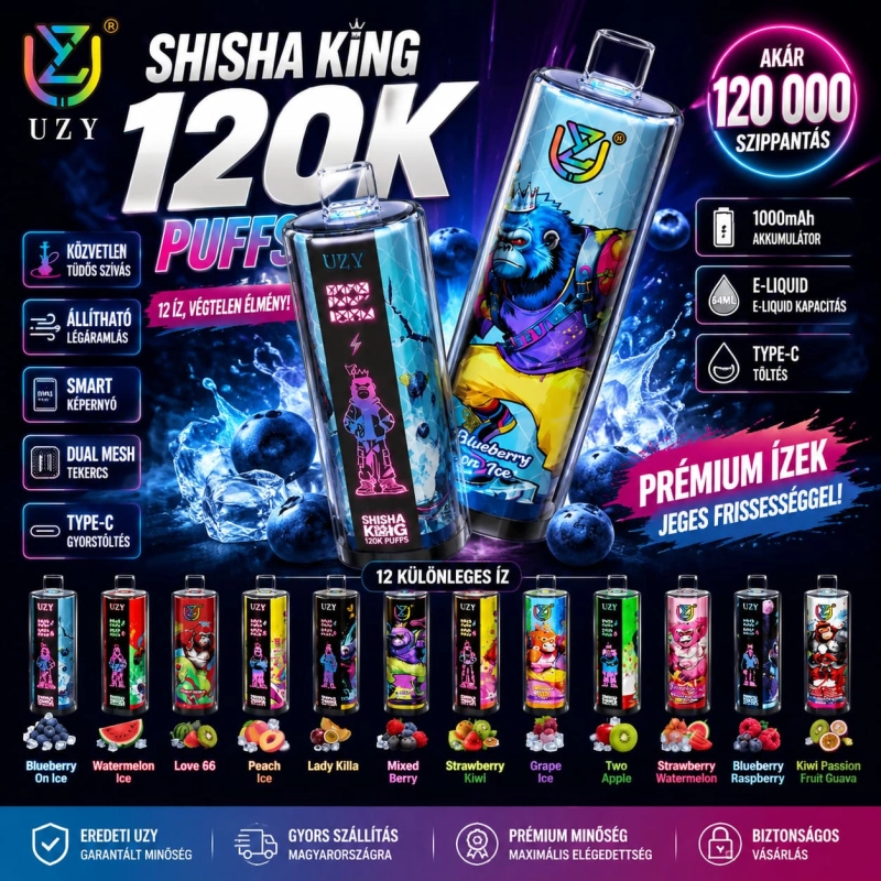 UZY Shisha Hookah King 120K DTL eldobható vape 120 000 slukk 64ml USB-C LED kijelzős fő termékkép prémium dizájnnal