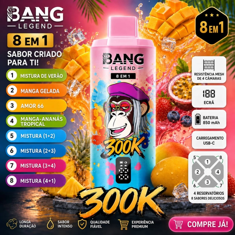 Bang Legend 300K 8 em 1 com Frescura de Verão, Manga, Gelo, Love 66 e Manga Ácida com Ananás