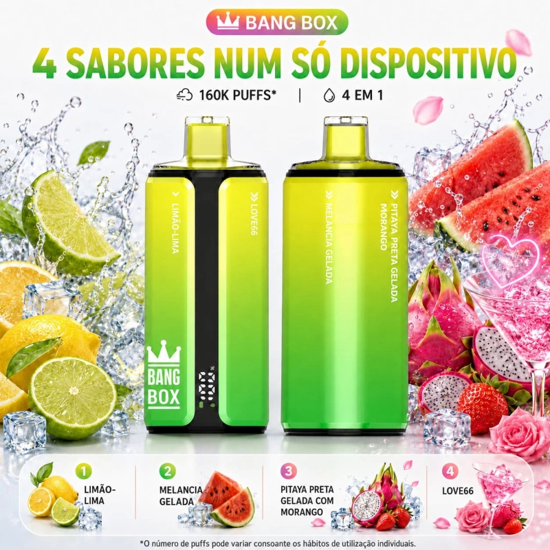 Bang Box 160000 puffs vape descartável Portugal 4 em 1 sabores Limão-Lima, Melancia gelada, Morango fruta do dragão, Love66