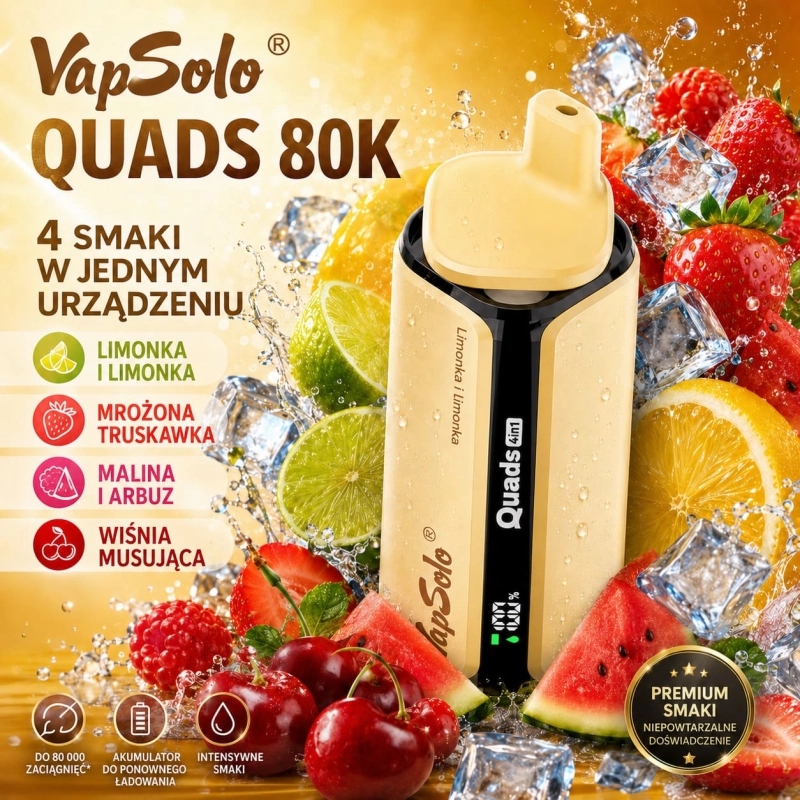 Vapsolo Quads 80K smaki – limonka, truskawka z lodem, malina arbuz i wiśnia gazowana
