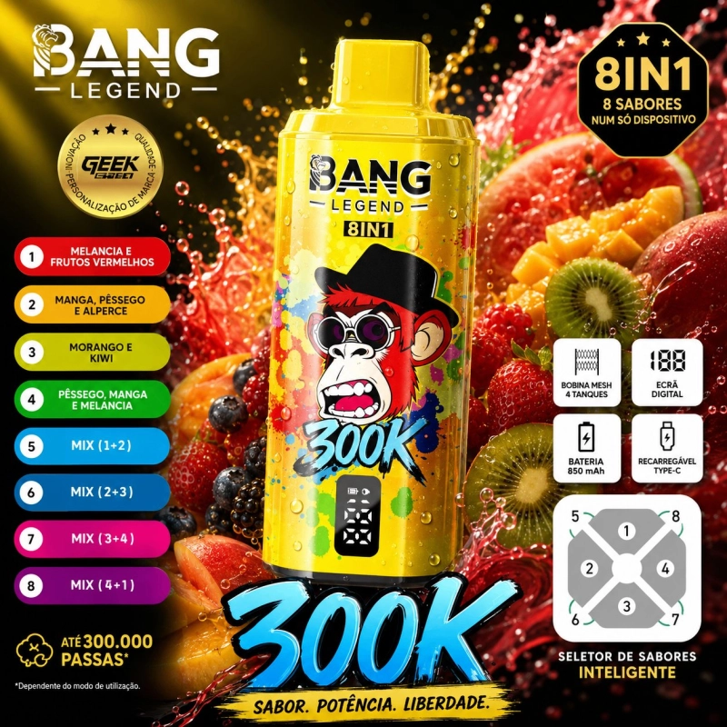 Bang Legend 8IN1 300000 Passas Vape Descartável, Amarelo com Mistura de Frutas