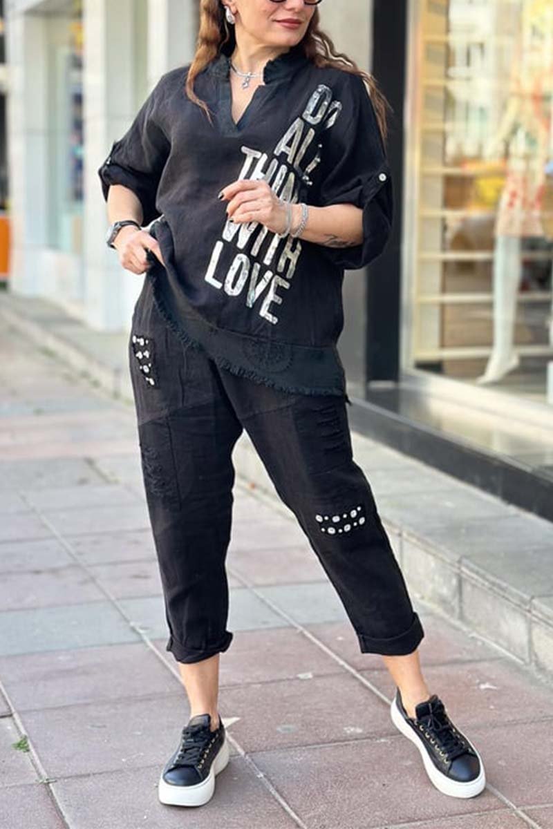 Conjunto de blusa e calças para senhora com estampado de algodão e linho
