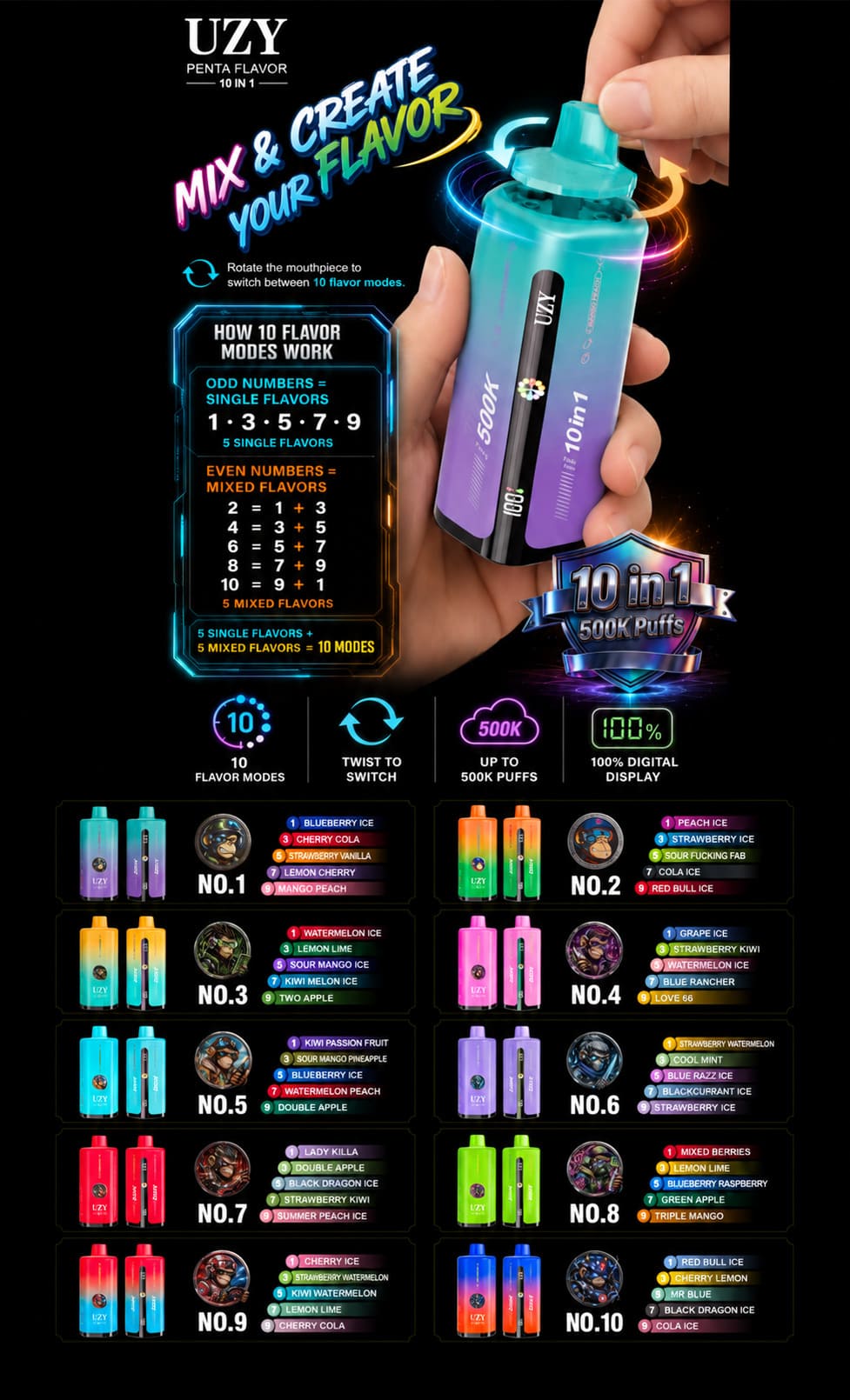 UZY 500K multi-flavor vape collection with 10 selectable flavor modes and 10 flavor series