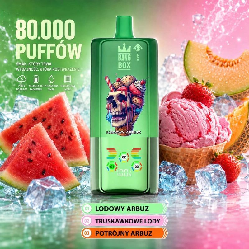 BangBox 80K 3 w 1 – arbuz z lodem, lody truskawkowe oraz potrójny melon