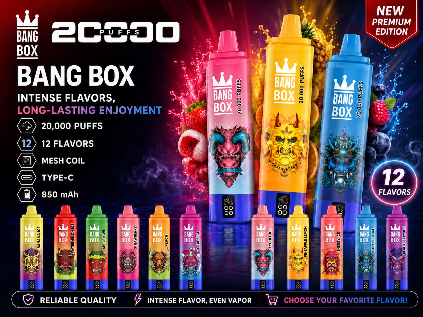 Bang Box 20000 Puffs rechargeable vape with 12 flavors, mesh coil, Type-C charging and 850 mAh battery