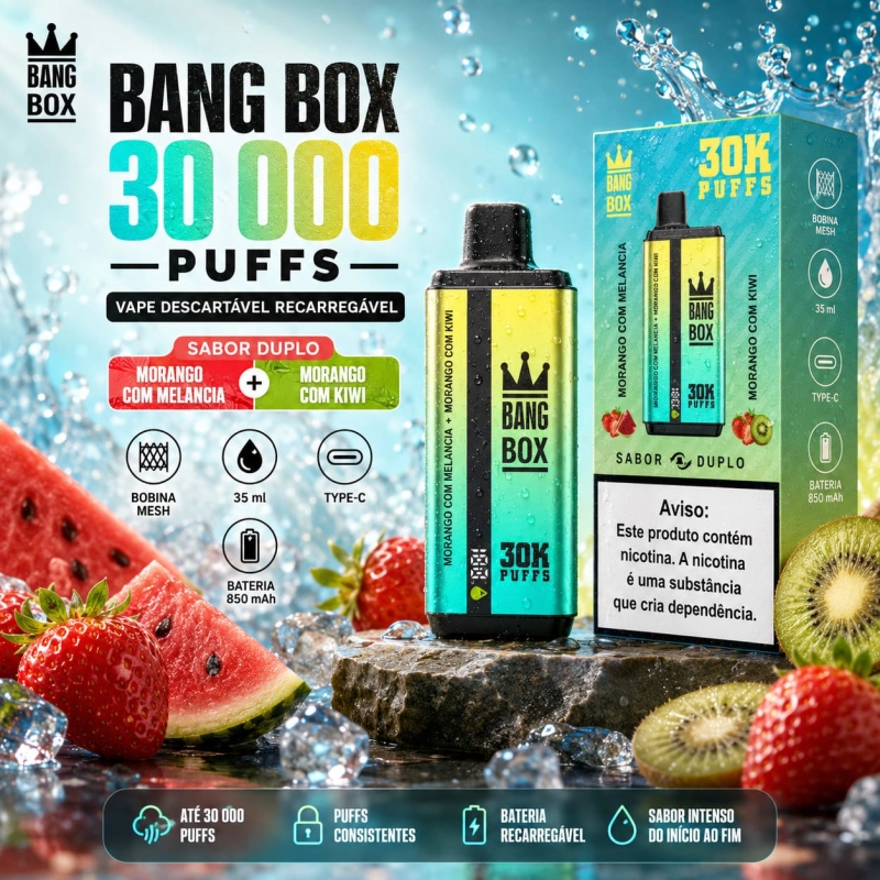 Bang Box 30000 Puffs vape descartável recarregável com dois sabores morango melancia e morango kiwi