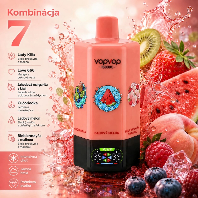 VOPVOP 150K 6 v 1 Kombinácia 7 – Lady Killa, Love 666, jahodová margarita s kiwi, čučoriedka, ľadový melón a biela broskyňa s malinou