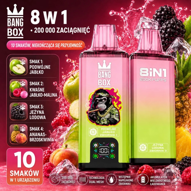 Bang Box 200K 8 w 1 – truskawka, kiwi, niebieska malina i różowa lemoniada – jednorazowy vape 200 000 zaciągnięć