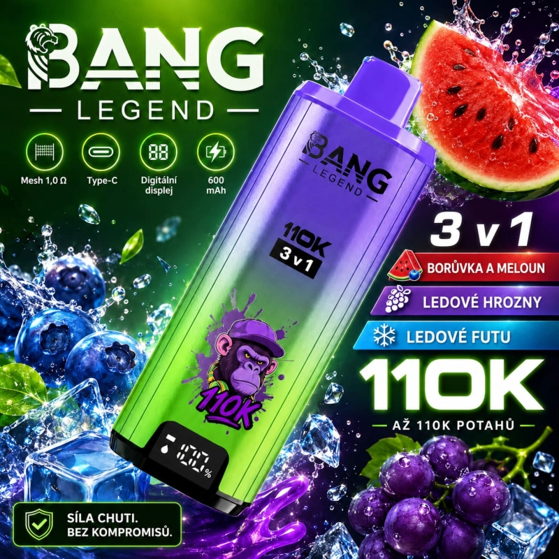 Bang Legend 110K 3 v 1 – jahoda s mangem, borůvka s broskví a meloun s lesním ovocem