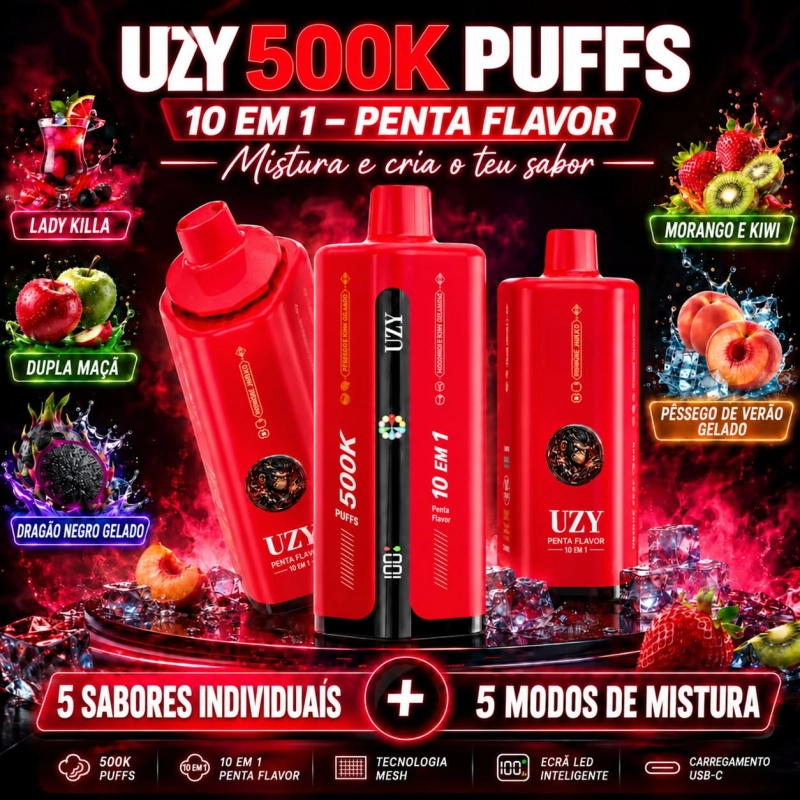 UZY 500K Penta Flavor 10 em 1, dispositivo vape vermelho com cinco sabores e sistema de alternância de sabores.