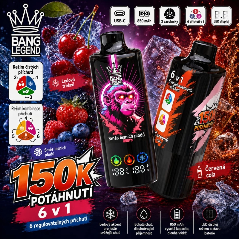 Bang Legend 150K 6 v 1 – ledová třešeň, směs lesního ovoce a červená cola