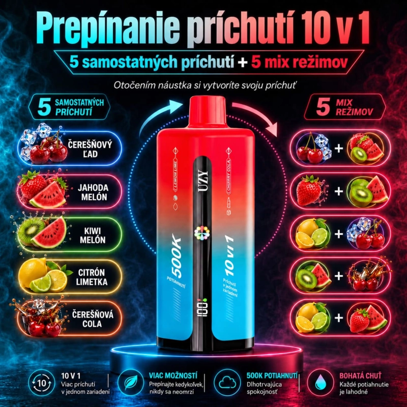 UZY 500K Penta Flavor 10 v 1 – Ľadová Čerešňa, Jahoda a Melón, Kiwi a Melón, Citrón a Limetka, Čerešňová Kola