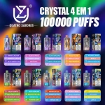 UZY Crystal 100.000 Puffs 4-em-1 vape descartável com sabores gelado de pêssego e mirtilos, cerejas, bebida energética e melão-líchia