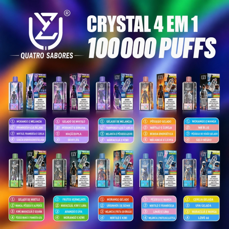 UZY Crystal 100.000 Puffs 4-em-1 vape descartável com sabores gelado de pêssego e mirtilos, cerejas, bebida energética e melão-líchia